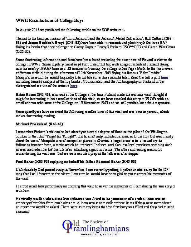 Recollections of Pickard visit on 19 November 1943