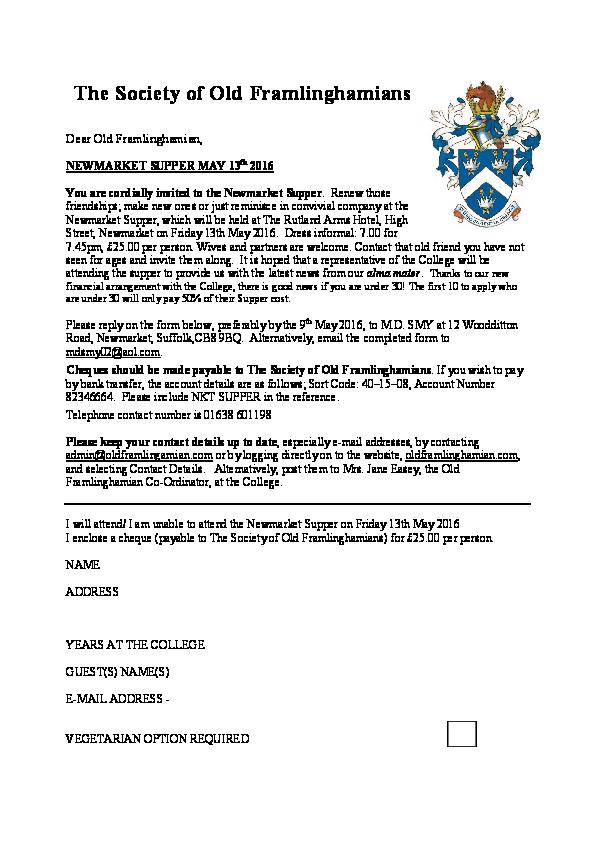 Newmarket Supper Invitation 2016