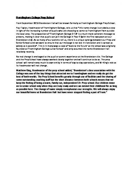 Framlingham College Prep School story