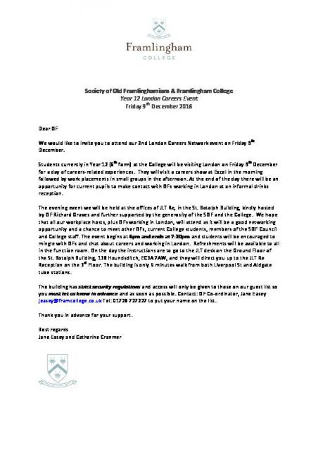 London Careers Event evening reception OF letter 2016-2