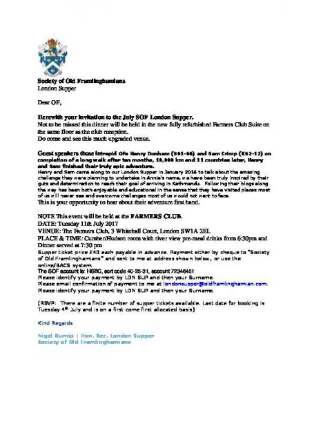 Letter to OFs London Supper 2017