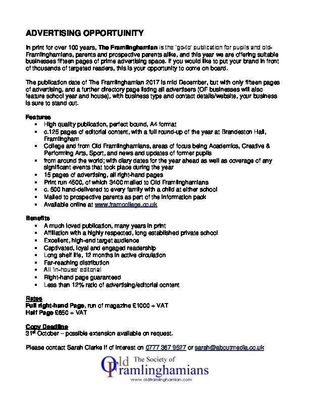 Framlinghamian - advertising opportunity 2017