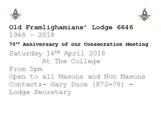 Old Framlighamians? Lodge 6646 70th post card flyer
