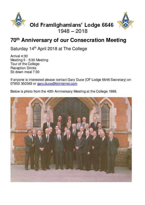 Old Framlighamians? Lodge 6646 70th post card flyer