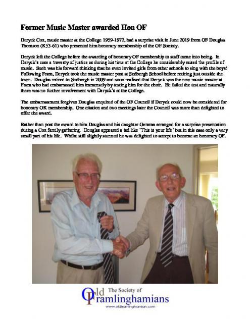 Deryck Cox - receiving Hon OF tie