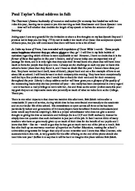 Paul Taylor final speech day