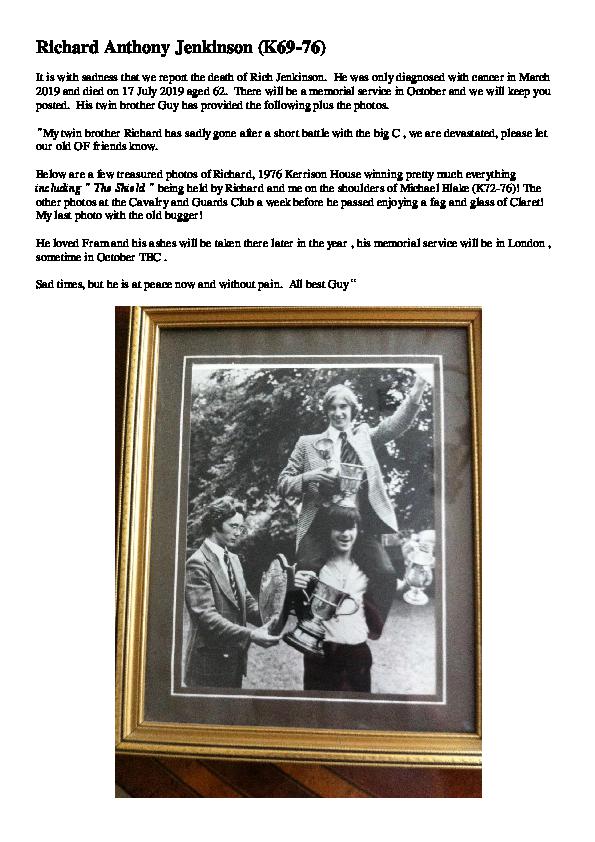 Richard Anthony Jenkinson - notice of death