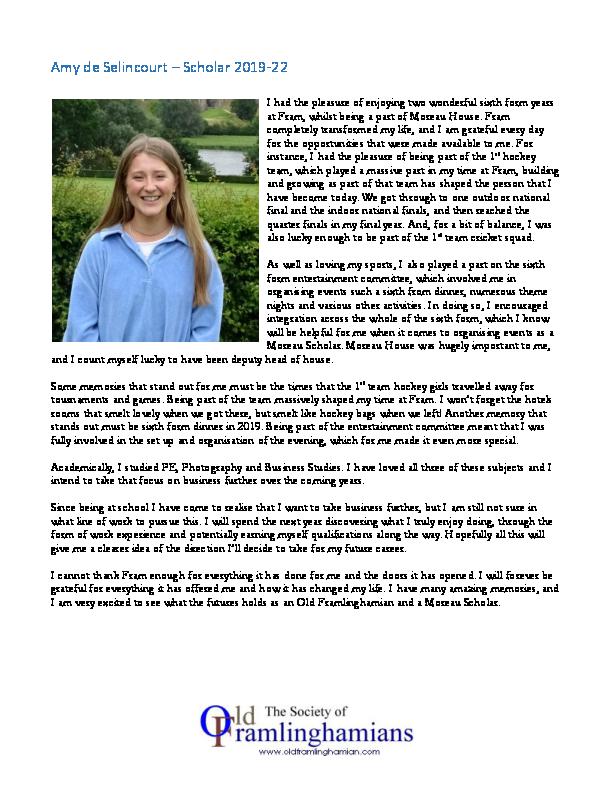 Amy de Selincourt ? Moreau Scholar 2019-22 - 120819