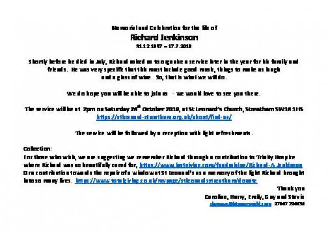 Memorial and Celebration for the life of Richard Jenkinson