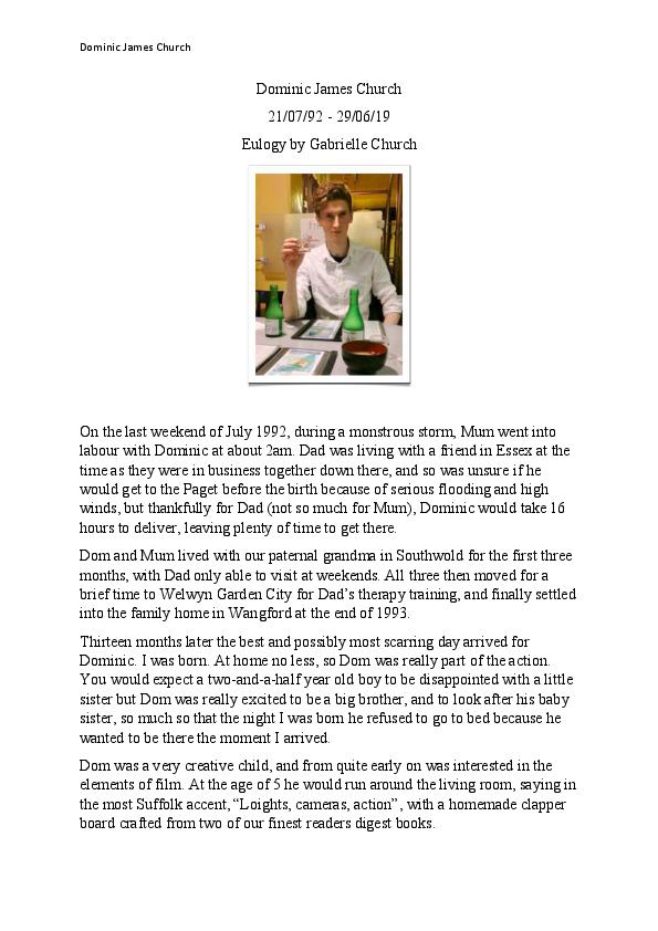 Dominic Church Eulogy & Photos