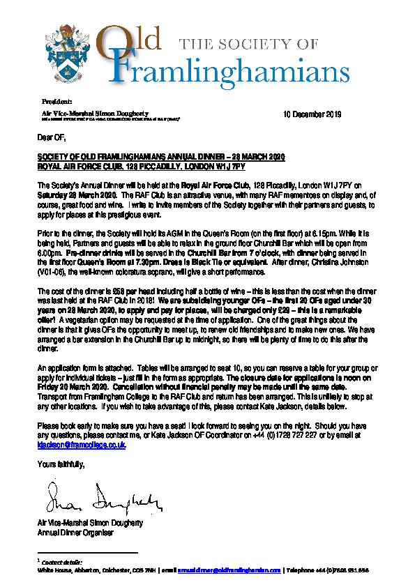 SOF Annual Dinner 2020 Full Details