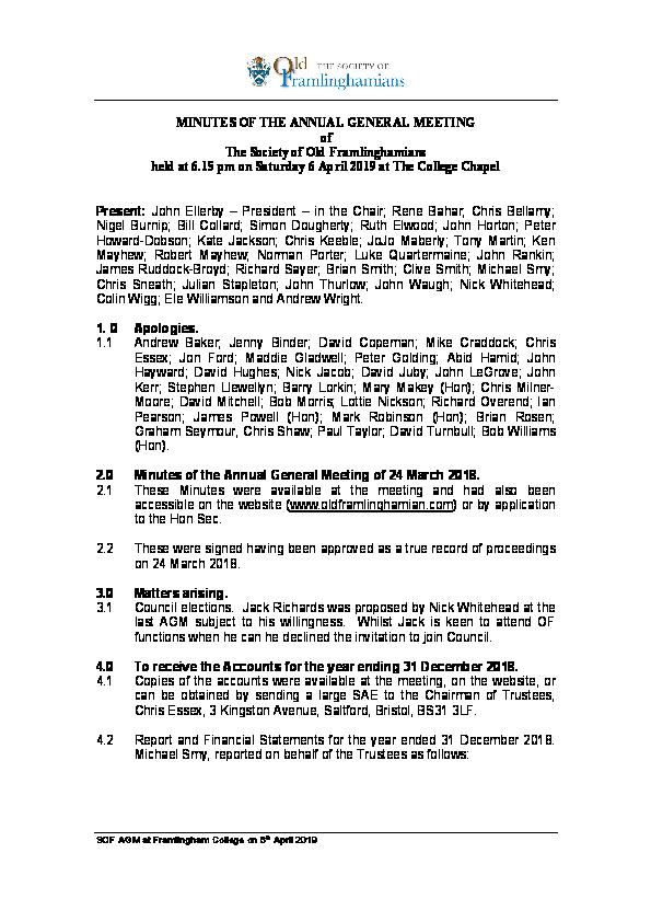 DRAFT MINUTES OF SOF AGM HELD ON 6 APRIL 2019