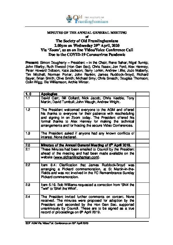 DRAFT MINUTES OF SOF AGM HELD ON 29 APRIL 2020
