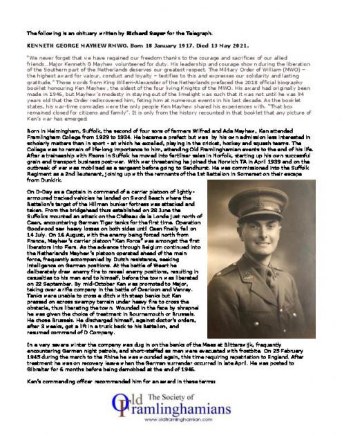 MAJORKENNETHGEORGEMAYHEWRMWOR29-34 - RS Obituary