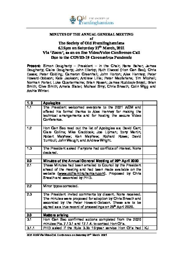 21-03-27 Draft SOF AGM Mins Zoom