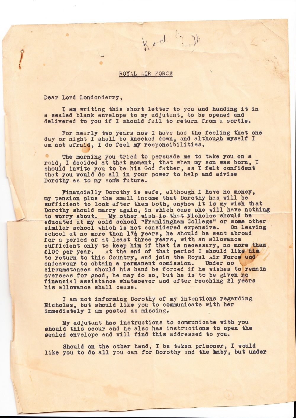 Group Captain Percy Pickard's "in the event of death" letter - page 1
