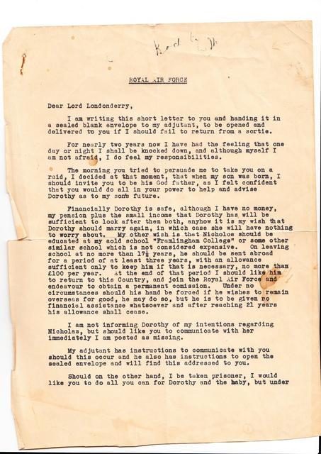 Group Captain Percy Pickard's "in the event of death" letter - page 1