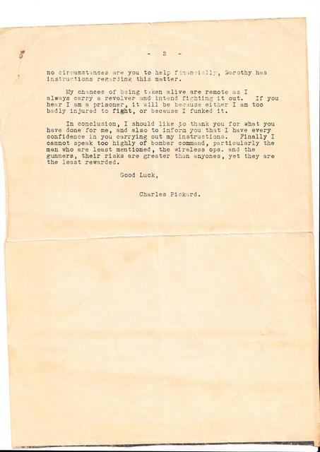 Group Captain Percy Pickard's "in the event of death" letter - page 2